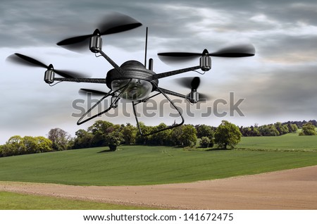 Illustration of a surveillance drone searching the countryside