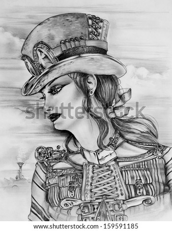 Original pencil sketch drawn by myself of a Steampunk woman in a customized top hat.