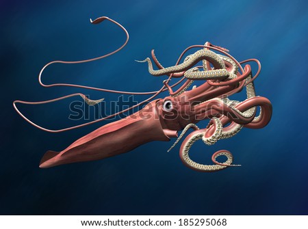 Giant squid lurking in the depths of a deep, dark ocean
