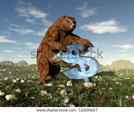 An illustration of a bear bearing down on a dollar sign signifying \