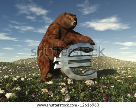 A bear bearing down on a euro sign signifying \