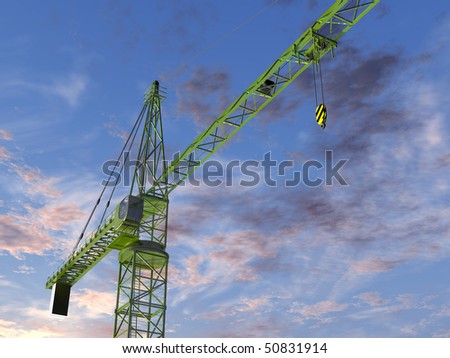 Original illustration of an imposing tower crane at twilight