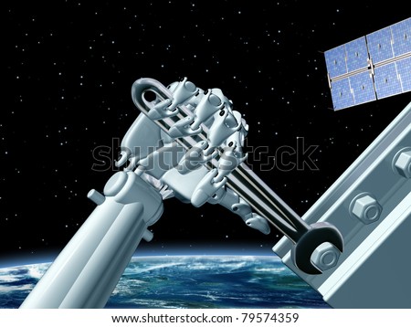 Illustration of a robot doing maintenance work in outer space