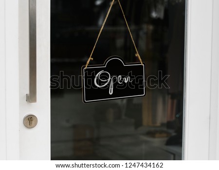 Open, wooden door sign mockup