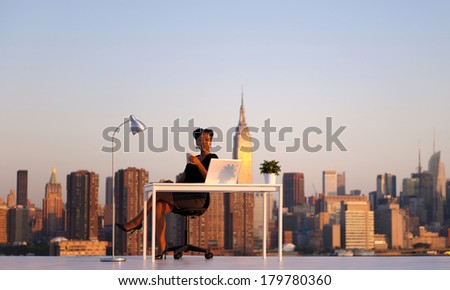 Businesswoman Having Morning Coffee at Outdoor Rooftop Office