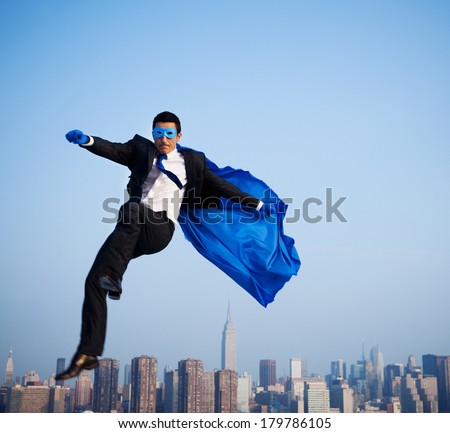 Superhero Businessman Flying Over New York City