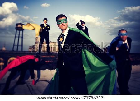 Multi-ethnic and Diverse Superhero Businessmen on Rooftop