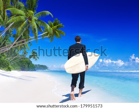 Businessman With Surfboard On Tropical Beach