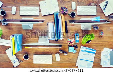 Contemporary Office Desk with Computers and Office Tools