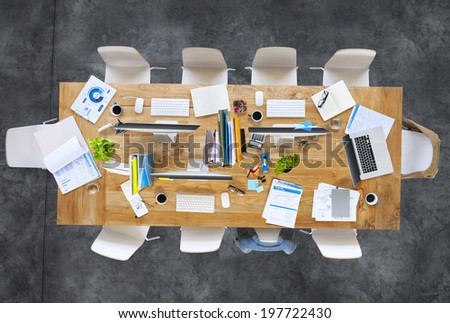 Contemporary Office Table with Equipments and Chairs