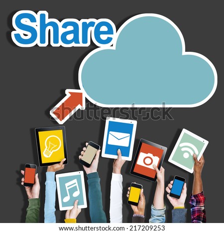 Diverse Hands Holding Digital Devices Cloud Networking