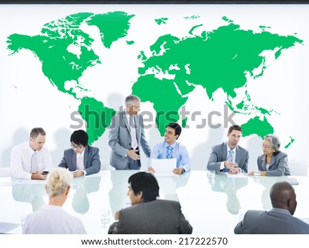 Business People Having a Discussion and World Map