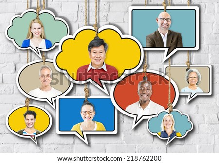 Set of Faces on Hanging Colorful Speech Bubbles