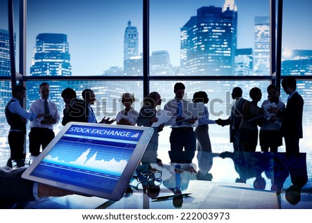 Silhouette Group of Business People Discussion Stock Exchange