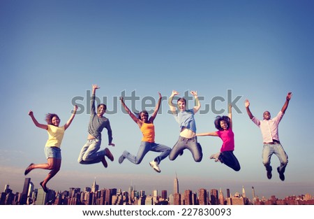Cheerful People Jumping Friendship Happiness City Concept