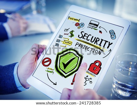 Businessman Digital Devices Security Protection Firewall Concept