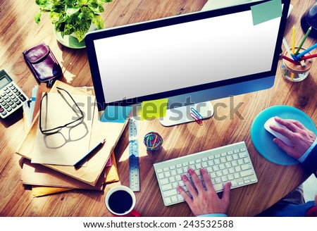 Blank Computer Desktop Home Office Man Working Concept