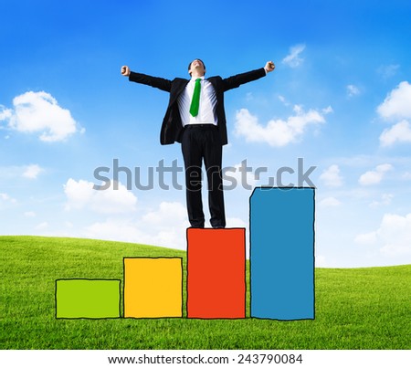 Business Man Standing Bar Graph Arms Raised Concept