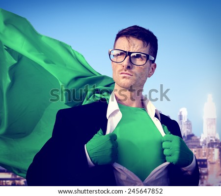 Businessman Superhero City Power Green Business Success Concept