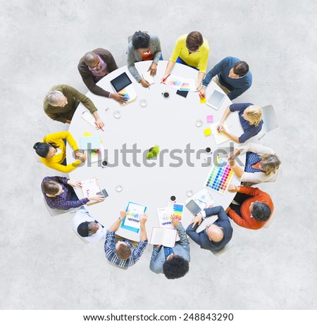 Aerial View People Working Sharing Connection Conference Table