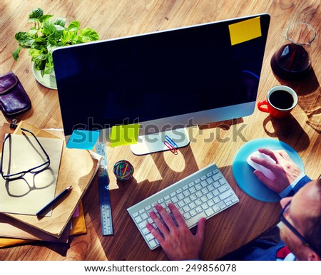Businessman Searching Computer Monitor Workplace Concept