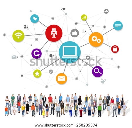 Large Group of Multiethnic People with Social Media Symbols Concept