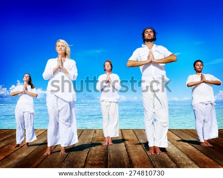 People Yoga Meditation Beach Nature Peaceful Concept