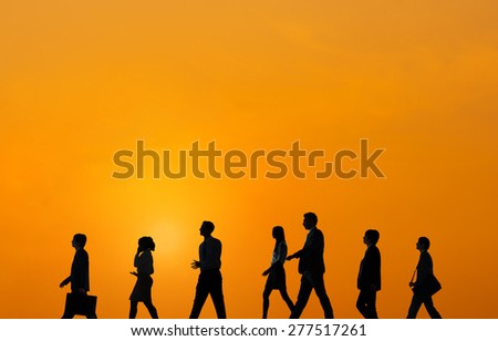 Business People Walking Orange Sunset Concept