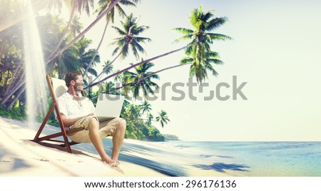 Man Laptop Beach Summer Sea Concept