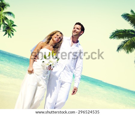 Honeymoon Couple Romantic Walking Summer Beach Concept