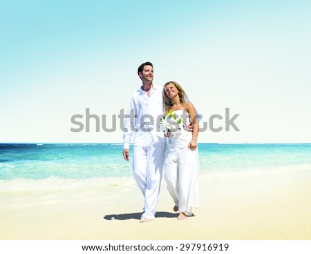 Honeymoon Couple Romantic Walking Summer Beach Concept