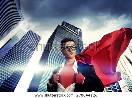 Superhero Businessman Strength Cityscape Cloudscape Concept