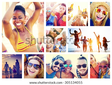 Collage Diverse Faces Summer Beach People Concept