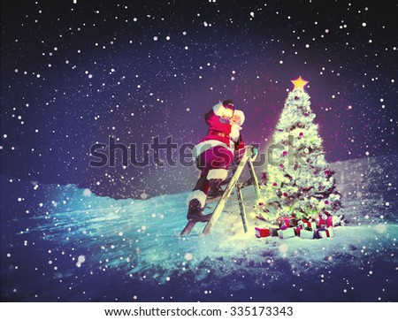 Santa with Lamp on a Step-Ladder by the Christmas Tree Concept