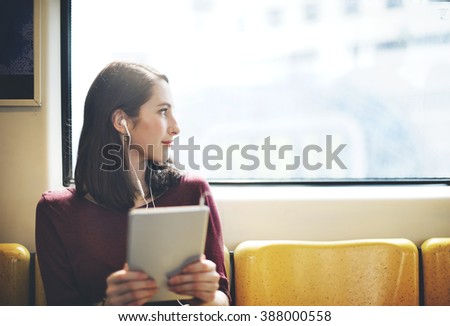 Woman Listening Music Media Entertainment Traveling Concept
