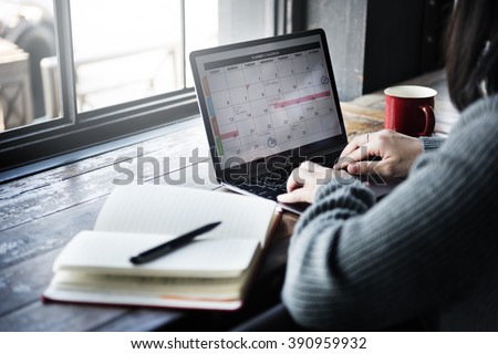 Asian Lady Typing Laptop Calendar Cafe Concept