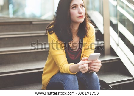 Woman Mobile Phone Connection Waiting City Technology Concept