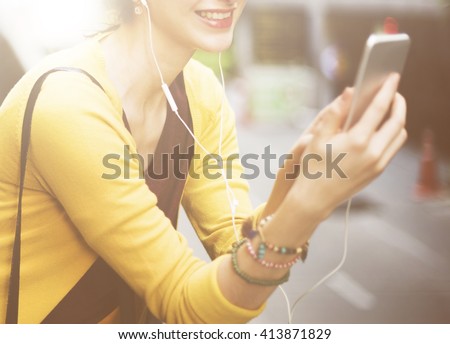 Woman Listening Music Media Entertainment Traveling Concept