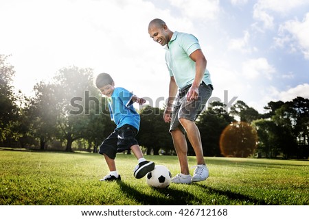 Family Father Son Togetherness Football Soccer Sport Concept