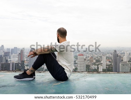 Man Sitting Rest Rooftop Concept