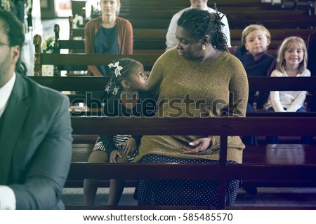 Mother Daughter Sitting Church Believe Religion