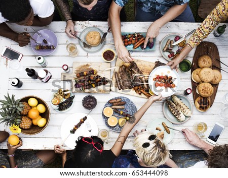 Aerial view of diverse friends gathering having food together