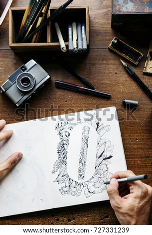 Aerial view of hand drawing art work
