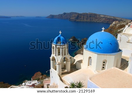 stock photo Church Cupolas and the Tower Bell from Santorini Greece