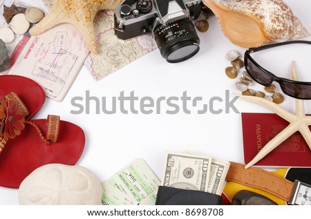 Travel frame on white with photo camera. glasses , shells, passports, money...