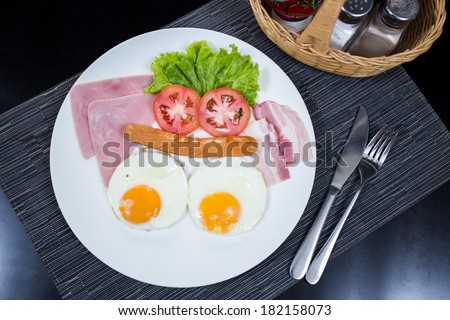 American breakfast with eggs ham bacon and sausage.It easy to eat and simple of food in morning.Everybody can eat easy and easy to cooking.