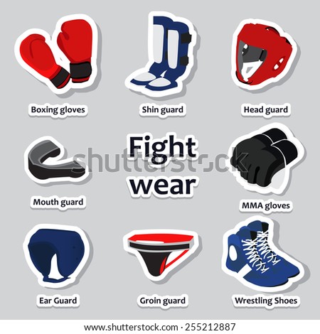 Set of sport equipment for different martial arts. Sports wear and guard