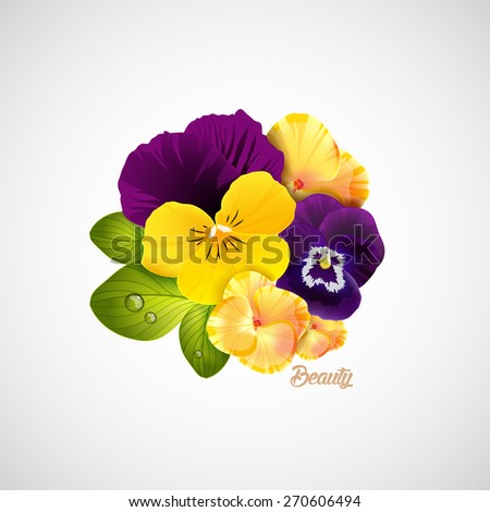 Beauty salon identity naturalistic yellow hydrangea and pansy flower with leaves, and ladybug