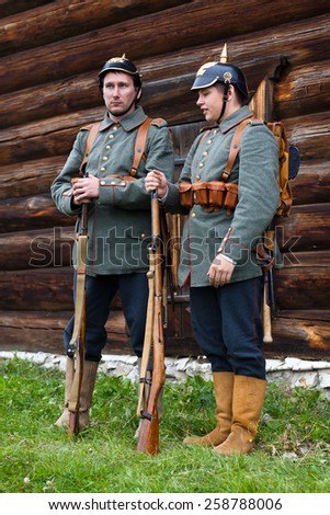 Khohlovka, Russia - 3 August, 2014. Event Great maneuvers of World War 2 at Khohlovka.  Two German soldiers of the first world war.