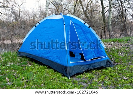 blue tent in spring forest